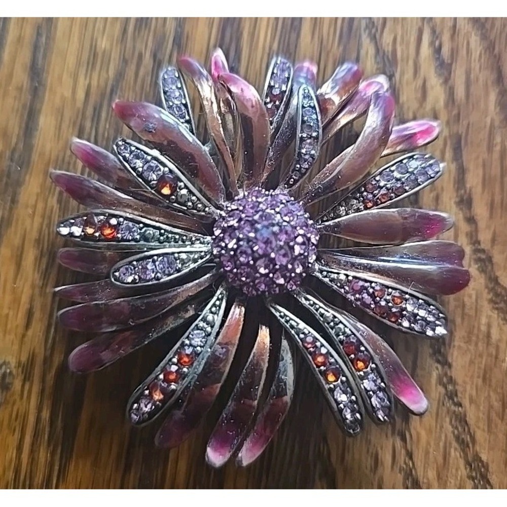 Flower Blossom Brooch/Pin Bronze/gold  Tone 2" Vintage With Rhinestones 28.7g